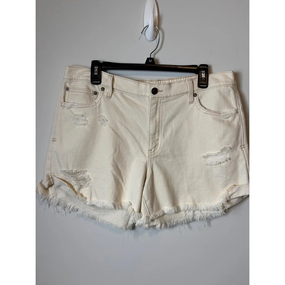 Aerie Womens Distressed Denim Shorts Cream Off White High Waisted Size L